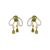 Hyacinth's niche design of high-end new bow earrings, stud earrings, versatile ear clips, and olive green zircon pearl tassel earrings Item Picture